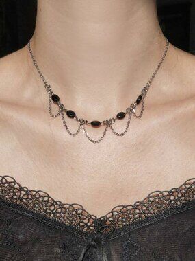 Gothic victorian black onyx chandelier necklace with small silver chain